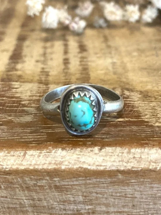 Silver Tone Sawtooth Bezel with Turquoise Colored Stone Ring Approx 5.5 Size - Picture 3 of 14